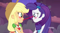 Size: 1280x719 | Tagged: safe, edit, edited screencap, imported from derpibooru, screencap, applejack, rarity, equestria girls, equestria girls series, rollercoaster of friendship, blushing, shipping fuel