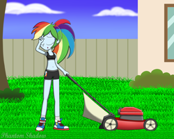 Size: 1024x819 | Tagged: safe, artist:phantomshadow051, imported from derpibooru, rainbow dash, equestria girls, alternate hairstyle, belly button, clothes, converse, female, lawn mower, midriff, outdoors, ponytail, shoes, shorts, solo, sports bra, sports shorts, sweat, working