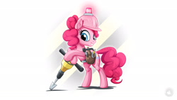 Size: 1920x1080 | Tagged: safe, artist:mysticalpha, imported from derpibooru, pinkie pie, earth pony, pony, school daze, bipedal, bipedal leaning, construction pony, female, hard hat, hat, jackhammer, leaning, simple background, solo, toolbelt, wallpaper, white background