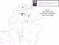 Size: 6600x5100 | Tagged: safe, artist:silfoe, imported from derpibooru, nightmare moon, alicorn, pony, moonsetmlp, absurd resolution, alternate universe, ask, black and white, dialogue, female, grayscale, lineart, mare, monochrome, sharp teeth, simple background, solo, speech bubble, teeth, tumblr, white background