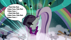 Size: 1280x720 | Tagged: safe, edit, edited screencap, imported from derpibooru, screencap, coloratura, limelight, smooth move, spectrum shades, turbo bass, pony, season 5, the mane attraction, backup dancers, big clothes, big hair, countess coloratura, dialogue, false eyelashes, fog, lady gaga, lights, music notes, poker face (song), rainbow, singing, song reference, speech bubble, stage, the spectacle, veil