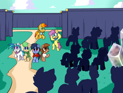 Size: 1280x960 | Tagged: safe, artist:zanezandell, imported from derpibooru, oc, oc only, oc:krabby, oc:polaris, oc:sugarbolt, oc:sundrop, oc:truffle mint, oc:vanilla snow, pony, comic:cmcnext, ascot, cape, clothes, cmcnext, colt, crystal, curtains, female, filly, flying, glasses, goggles, magical lesbian spawn, male, offspring, parent:bon bon, parent:fluttershy, parent:lyra heartstrings, parent:princess cadance, parent:shining armor, parents:lyrabon, parents:shiningcadance, princess, scarf, shadow, shirt, silhouette, story included