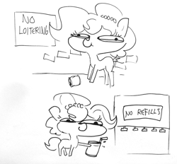 Size: 1555x1440 | Tagged: safe, artist:tjpones, imported from derpibooru, oc, oc only, oc:brownie bun, pony, drink, drinking straw, female, fuck the police, loitering, monochrome, monster, pure unfiltered evil, simple background, sketch, smiling, soda can, some men just want to watch the world burn, white background