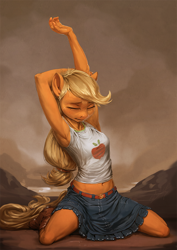 Size: 850x1200 | Tagged: safe, artist:assasinmonkey, imported from derpibooru, applejack, anthro, earth pony, plantigrade anthro, equestria girls series, armpits, belly button, belt, boots, clothes, cute, denim skirt, digital painting, equestria girls outfit, eyes closed, female, freckles, kneeling, mare, midriff, shoes, skirt, solo, stretching, tanktop