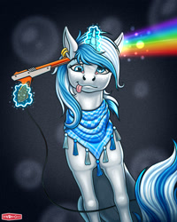 Size: 1536x1920 | Tagged: safe, artist:wwredgrave, imported from derpibooru, oc, oc only, oc:snowflake, pony, unicorn, bandana, clothes, commission, derp, female, gun, handgun, kufiya, levitation, magic, nes zapper, nintendo, pistol, rainbow, ring, sitting, solo, telekinesis, tongue out, toy gun, weapon, zapper