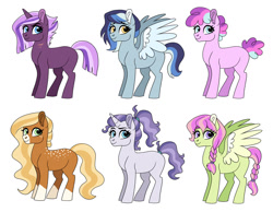 Size: 1280x991 | Tagged: safe, artist:cascayd, imported from derpibooru, oc, oc only, oc:amethyst gleam, oc:chamomile petal, oc:dawnstar, oc:fawn, oc:rainy skies, oc:sugar rush, earth pony, pegasus, pony, unicorn, coat markings, female, magical lesbian spawn, mare, next generation, offspring, parent:applejack, parent:fluttershy, parent:maud pie, parent:party favor, parent:pinkie pie, parent:rainbow dash, parent:rarity, parent:tempest shadow, parent:thunderlane, parent:tree hugger, parent:trouble shoes, parent:troubleshoes clyde, parent:twilight sparkle, parents:flutterhugger, parents:partypie, parents:rarimaud, parents:tempestlight, parents:thunderdash, parents:troublejack, scar, simple background, socks (coat marking), socks (coat markings), white background