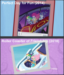 Size: 406x469 | Tagged: safe, imported from derpibooru, screencap, fluttershy, pinkie pie, rainbow dash, rarity, equestria girls, equestria girls series, perfect day for fun, rollercoaster of friendship, comparison, discovery family logo, faic, female, roller coaster