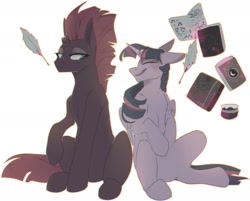 Size: 1280x1028 | Tagged: safe, artist:samarina, imported from derpibooru, tempest shadow, twilight sparkle, alicorn, pony, blushing, book, duo, inkwell, magic, quill, simple background, sitting, sweat, sweatdrop, telekinesis, twilight sparkle (alicorn), white background