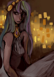 Size: 636x900 | Tagged: safe, artist:rottenfungi, imported from derpibooru, princess celestia, human, abstract background, clothes, dress, female, humanized, signature, solo
