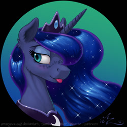 Size: 1200x1200 | Tagged: safe, artist:amarynceus, imported from derpibooru, princess luna, alicorn, pony, :p, aside glance, blushing, bust, cheek fluff, commission, crown, cute, ear fluff, eyelashes, eyeshadow, female, freckles, jewelry, lidded eyes, lunabetes, makeup, mare, regalia, sideways glance, silluna, silly, smiling, solo, tongue out