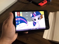 Size: 4032x3024 | Tagged: safe, imported from derpibooru, twilight sparkle, pony, unicorn, book, hand, irl, nintendo switch, photo, tablet, unicorn twilight