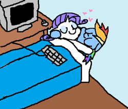 Size: 426x364 | Tagged: safe, imported from derpibooru, rainbow dash, rarity, pegasus, pony, unicorn, /mlp/, bed, computer, cuddling, cute, eyes closed, female, good night, heart, hug, keyboard, lesbian, mare, meme, on side, raridash, shipping, side, sleep tight, sleeping, smiling, squishy cheeks