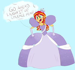 Size: 1533x1424 | Tagged: safe, artist:flight-of-the-moon, deleted from derpibooru, imported from derpibooru, sunset shimmer, equestria girls, equestria girls series, rollercoaster of friendship, angry, blue background, clothes, crown, cute, dialogue, dress, embarrassed, female, gown, impossibly large dress, jewelry, poofy shoulders, regalia, shimmerbetes, simple background, solo, speech bubble, unamused