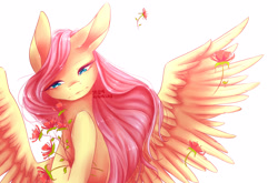 Size: 3871x2549 | Tagged: safe, artist:kiyomit, artist:lisatv, imported from derpibooru, fluttershy, pegasus, pony, big ears, female, flower, large wings, lidded eyes, mare, signature, simple background, solo, spread wings, white background, wings