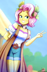 Size: 1020x1560 | Tagged: safe, artist:the-butch-x, deleted from derpibooru, imported from derpibooru, vignette valencia, equestria girls, equestria girls series, rollercoaster of friendship, beauty mark, clothes, female, flower, flower in hair, grin, nail polish, off shoulder, peace sign, shirt, shorts, smiling, solo