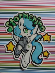 Size: 3120x4160 | Tagged: safe, artist:nephanee, imported from derpibooru, oc, oc only, oc:stormpone, pegasus, pony, badge, clothes, con badge, cute, female, jacket, mare, solo, traditional art
