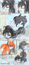 Size: 1901x4200 | Tagged: safe, artist:magnifsunspiration, imported from derpibooru, oc, oc only, oc:foxie goldfish, oc:prettykitty, pony, behaving like a cat, female, laser pointer, mare, traditional art