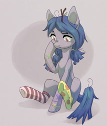 Size: 1216x1419 | Tagged: safe, artist:koviry, imported from derpibooru, oc, oc only, pony, bands, braid, clothes, confused, sitting, socks, solo, striped socks, tree branch