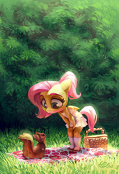 Size: 1535x2244 | Tagged: dead source, safe, artist:holivi, imported from derpibooru, fluttershy, anthro, pegasus, plantigrade anthro, squirrel, basket, blanket, clothes, cottagecore, cute, daaaaaaaaaaaw, dawwww, female, filly, filly fluttershy, grass, hands on knees, holivi is trying to murder us, looking at each other, miniskirt, outdoors, picnic blanket, ponytail, shoes, shyabetes, skirt, socks, solo, tree, younger