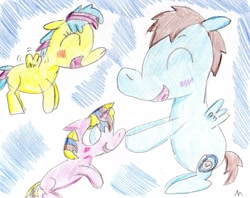 Size: 1985x1570 | Tagged: safe, artist:ptitemouette, imported from derpibooru, oc, oc:aurora star, oc:saturn satellite, oc:time vortex, pony, father and child, parent:doctor whooves, parent:oc:celeste shimmer, parent:oc:time vortex, parent:star hunter, parents:stardoc