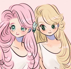 Size: 640x624 | Tagged: safe, artist:mmoriqomm, imported from derpibooru, applejack, fluttershy, equestria girls, beautiful, blonde, clothes, duo, ear piercing, earring, female, hatless, jewelry, looking at you, missing accessory, piercing, simple background
