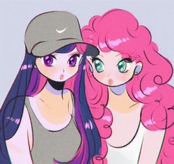 Size: 542x509 | Tagged: safe, artist:mmoriqomm, imported from derpibooru, pinkie pie, twilight sparkle, equestria girls, baseball cap, cap, clothes, duo, ear piercing, earring, female, hat, jewelry, piercing, simple background