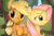 Size: 720x480 | Tagged: safe, artist:hellhounds04, imported from derpibooru, applejack, fluttershy, earth pony, pegasus, pony, 3d, animated, appleshy, cheek kiss, cute, daaaaaaaaaaaw, duo, expressions, female, jackabetes, kiss on the cheek, kissing, lesbian, mare, scrunchy face, shipping, shrunken pupils, shyabetes, silly, silly pony, source filmmaker, surprise kiss, surprised, who's a silly pony