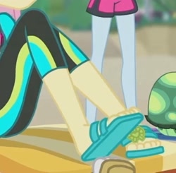 Size: 2100x2057 | Tagged: safe, imported from derpibooru, screencap, fluttershy, rainbow dash, tank, aww... baby turtles, equestria girls, equestria girls series, clothes, cropped, feet, flip-flops, fluttershy's wetsuit, legs, pictures of legs, sandals, swimsuit, wetsuit