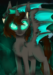 Size: 2480x3508 | Tagged: safe, artist:php70, imported from derpibooru, oc, oc only, bat pony, changeling, bat pony oc, changeling oc, chest fluff, glowing eyes, half changeling, looking at you, solo