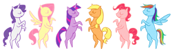 Size: 1000x300 | Tagged: safe, artist:cheshire-no-neko, imported from derpibooru, applejack, fluttershy, pinkie pie, rainbow dash, rarity, twilight sparkle, pony, eyes closed, mane six, minimalist, pointy ponies, rearing, side view, simple background, transparent background