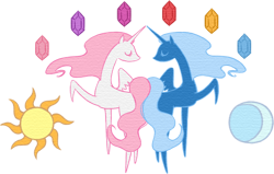 Size: 479x305 | Tagged: safe, artist:cheshire-no-neko, imported from derpibooru, princess celestia, princess luna, alicorn, pony, duo, duo female, elements of harmony, female, minimalist, modern art, moon, raised hoof, royal sisters, side view, simple background, sisters, sun, transparent background