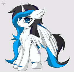 Size: 2202x2160 | Tagged: safe, artist:drarkusss0, imported from derpibooru, oc, oc only, oc:magic dash, alicorn, pony, alicorn oc, art trade, ear piercing, female, piercing, simple background, sitting, smiling, solo, white background
