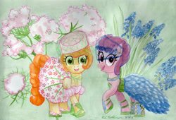Size: 5092x3464 | Tagged: safe, artist:kelseyleah, imported from derpibooru, berry punch, carrot top, golden harvest, pony, clothes, dress, flower, grape hyacinth, queen anne's grape, traditional art