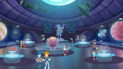 Size: 1280x720 | Tagged: safe, imported from derpibooru, screencap, lily pad (equestria girls), rose heart, sci-twi, star swirl the bearded, starlight, starshine, sweet leaf, thunderbass, timber spruce, twilight sparkle, valhallen, victoria, equestria girls, equestria girls series, star crossed, background human, lily pad (g4), planetarium, statue