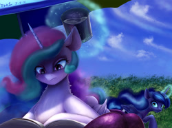 Size: 1300x966 | Tagged: safe, artist:foughtdragon01, imported from derpibooru, princess celestia, princess luna, alicorn, pony, book, female, glowing horn, magic, mare, reading, smiling, telekinesis, this will end in banishment, trolluna