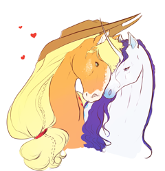 Size: 2453x2557 | Tagged: safe, artist:ashleeritson, imported from derpibooru, applejack, rarity, horse, pony, unicorn, cowboy hat, female, hat, heart, lesbian, mare, rarijack, realistic, shipping, simple background, white background