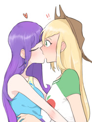 Size: 600x800 | Tagged: safe, artist:extraluna, imported from derpibooru, applejack, rarity, human, equestria girls, equestria girls series, rollercoaster of friendship, blushing, cute, duo, eyes closed, female, heart, hug, humanized, kiss on the lips, kissing, lesbian, rarijack, rarity peplum dress, shipping, simple background, surprise kiss, surprised, white background, wide eyes