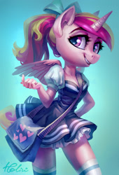 Size: 1771x2598 | Tagged: safe, artist:holivi, imported from derpibooru, princess cadance, alicorn, anthro, bag, beautiful, beautiful eyes, beautiful hair, beckoning, bow, breasts, busty princess cadance, cleavage, clothes, cute, cutedance, female, hair bow, looking at you, mare, ponytail, simple background, skirt, smiling, socks, solo, teen princess cadance, thigh highs, younger, zettai ryouiki