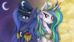 Size: 7680x4320 | Tagged: safe, artist:check3256, imported from derpibooru, princess celestia, princess luna, alicorn, pony, absurd resolution, blushing, chest fluff, cloud, crescent moon, day, female, hat, looking at you, mare, moon, night, smiling, stars, transparent moon