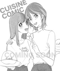 Size: 600x706 | Tagged: safe, artist:extraluna, imported from derpibooru, sunset shimmer, twilight sparkle, equestria girls, advertisement, alternate clothes, alternate costumes, alternate hairstyle, blushing, cute, female, food, fork, lesbian, looking at you, monochrome, plate, preview, shimmerbetes, shipping, short hair, sunsetsparkle, twiabetes