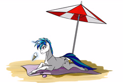 Size: 4776x3252 | Tagged: safe, artist:akweer, imported from derpibooru, dj pon-3, vinyl scratch, pony, unicorn, beach, female, food, glowing horn, ice cream, implied octavia, magic, mare, prone, solo, sunglasses, towel