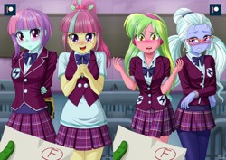 Size: 1414x1000 | Tagged: safe, artist:uotapo, edit, imported from derpibooru, lemon zest, sour sweet, sugarcoat, sunny flare, oc, oc:anon, equestria girls, adoraflare, begging, blushing, classroom, clothes, crystal prep academy uniform, crystal prep shadowbolts, cute, f, group, looking at you, open mouth, pipboy, quartet, school uniform, smiling, sourbetes, sugarcute, zestabetes