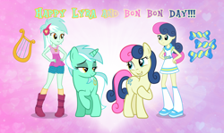 Size: 2544x1518 | Tagged: safe, artist:ambassad0r, artist:andoanimalia, artist:paulysentry, deleted from derpibooru, imported from derpibooru, bon bon, lyra heartstrings, sweetie drops, earth pony, pony, unicorn, equestria girls, clothes, lidded eyes, lyra and bon bon day, raised hoof, self paradox, self ponidox