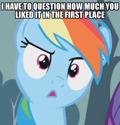 Size: 976x1020 | Tagged: safe, edit, edited screencap, imported from derpibooru, screencap, rainbow dash, pegasus, pony, swarm of the century, confused, cropped, female, image macro, mare, meme, open mouth, raised eyebrow, reaction image, solo, stare