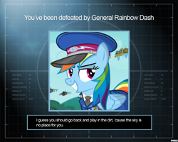 Size: 1280x1024 | Tagged: safe, artist:a4r91n, imported from derpibooru, rainbow dash, pegasus, pony, cap, clothes, command and conquer, command and conquer: generals, crossover, hat, jet, military uniform, smug, uniform, you lose