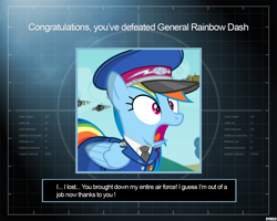 Size: 1280x1024 | Tagged: safe, alternate version, artist:a4r91n, imported from derpibooru, rainbow dash, pegasus, pony, cap, clothes, command and conquer, command and conquer: generals, crossover, hat, military uniform, shocked, uniform, you win