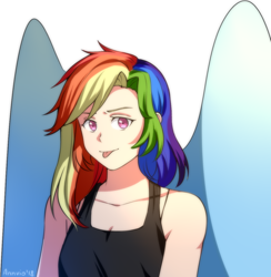 Size: 1024x1049 | Tagged: safe, artist:voilet14, imported from derpibooru, rainbow dash, human, :p, bust, clothes, cute, dashabetes, female, humanized, large wings, looking at you, solo, tanktop, tongue out, winged humanization, wings