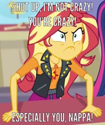 Size: 862x1024 | Tagged: safe, edit, edited screencap, imported from derpibooru, screencap, sunset shimmer, equestria girls, equestria girls series, rollercoaster of friendship, angry, caption, clothes, cropped, do i look angry, dragon ball, dragonball z abridged, geode of empathy, implied nappa, jacket, meme