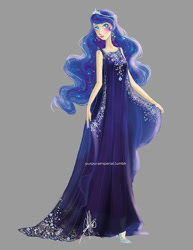 Size: 612x792 | Tagged: safe, artist:purpuraimperial, imported from derpibooru, princess luna, human, clothes, crown, dress, female, gray background, high heels, humanized, jewelry, looking at you, regalia, shoes, simple background, solo