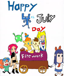 Size: 2529x2997 | Tagged: safe, artist:pokeneo1234, imported from derpibooru, pound cake, pumpkin cake, pegasus, pony, unicorn, 4 (bfb), 4th of july, baby, battle for bfdi, battle for dream island, bfb, bfdi, crossover, female, final space, fireworks, four (battle for dream island), four (bfb), fuzzle, grin, holiday, looking at you, male, mooncake (final space), octoling, oddworld, open mouth, pibbles, pipimi, planet panic, pop team epic, sailor moon, serena tsukino, smiling, smiling at you, splatoon